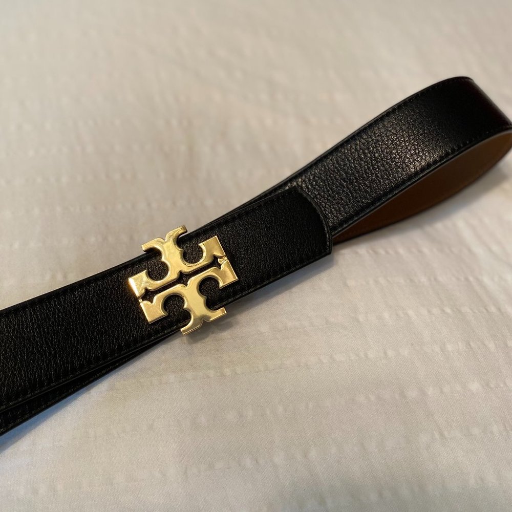 Tory Burch 1.5 Leather Reversible Belt in Black/Cuoio/Gold  Sz L. 36”